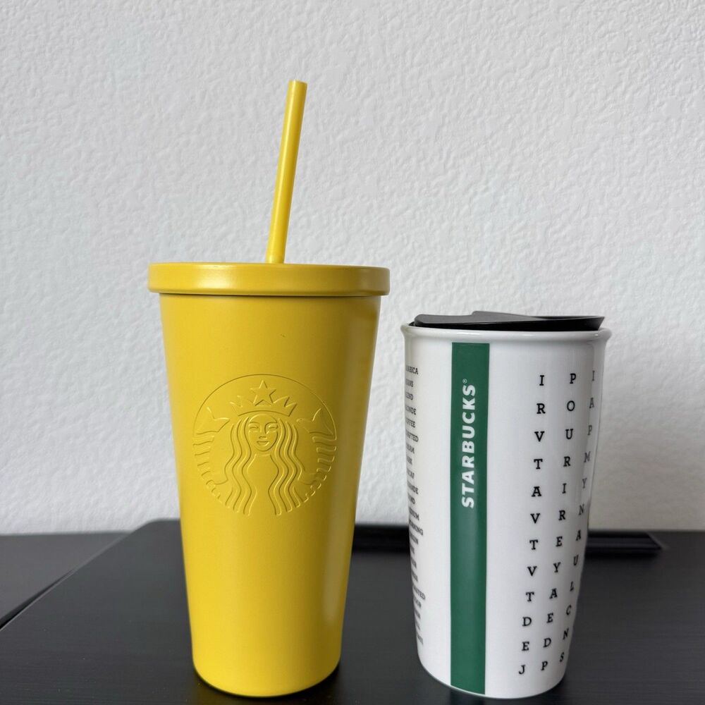 Lot 2 Starbucks 2016 Tumbler 12 fl oz Ceramic/16oz‎ Yellow metal w/ Straw